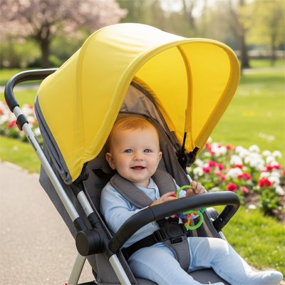 bebe-dans-poussette-avec-par-soleil-pour-poussette-jaune